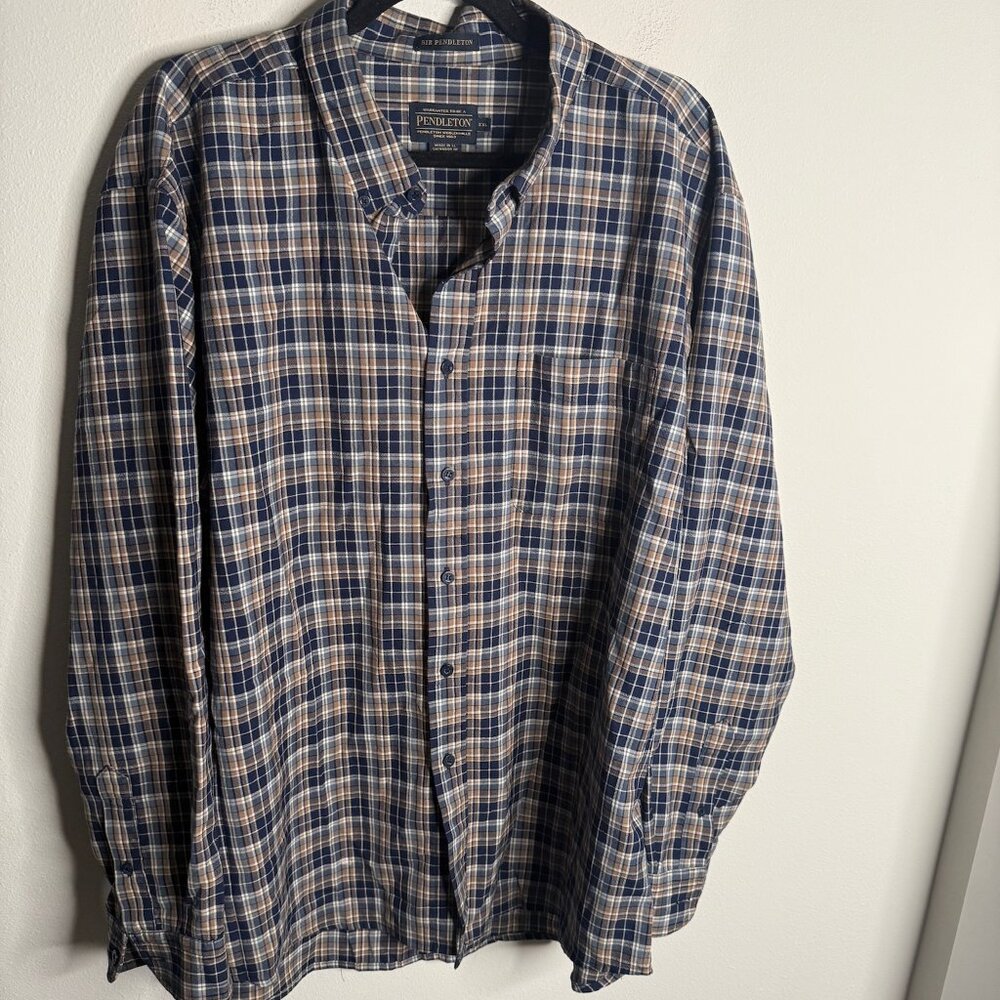 Pendleton Mens XXL Plaid Flannel Button Down Shirt Brown Blue Tan Virgin Wool